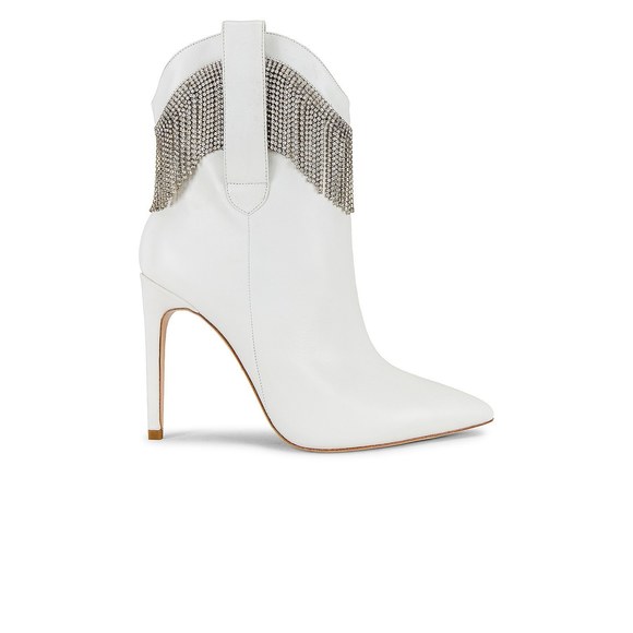 New RAYE Blade Bootie in White leather ankle heels rhinestone fringe diamonds